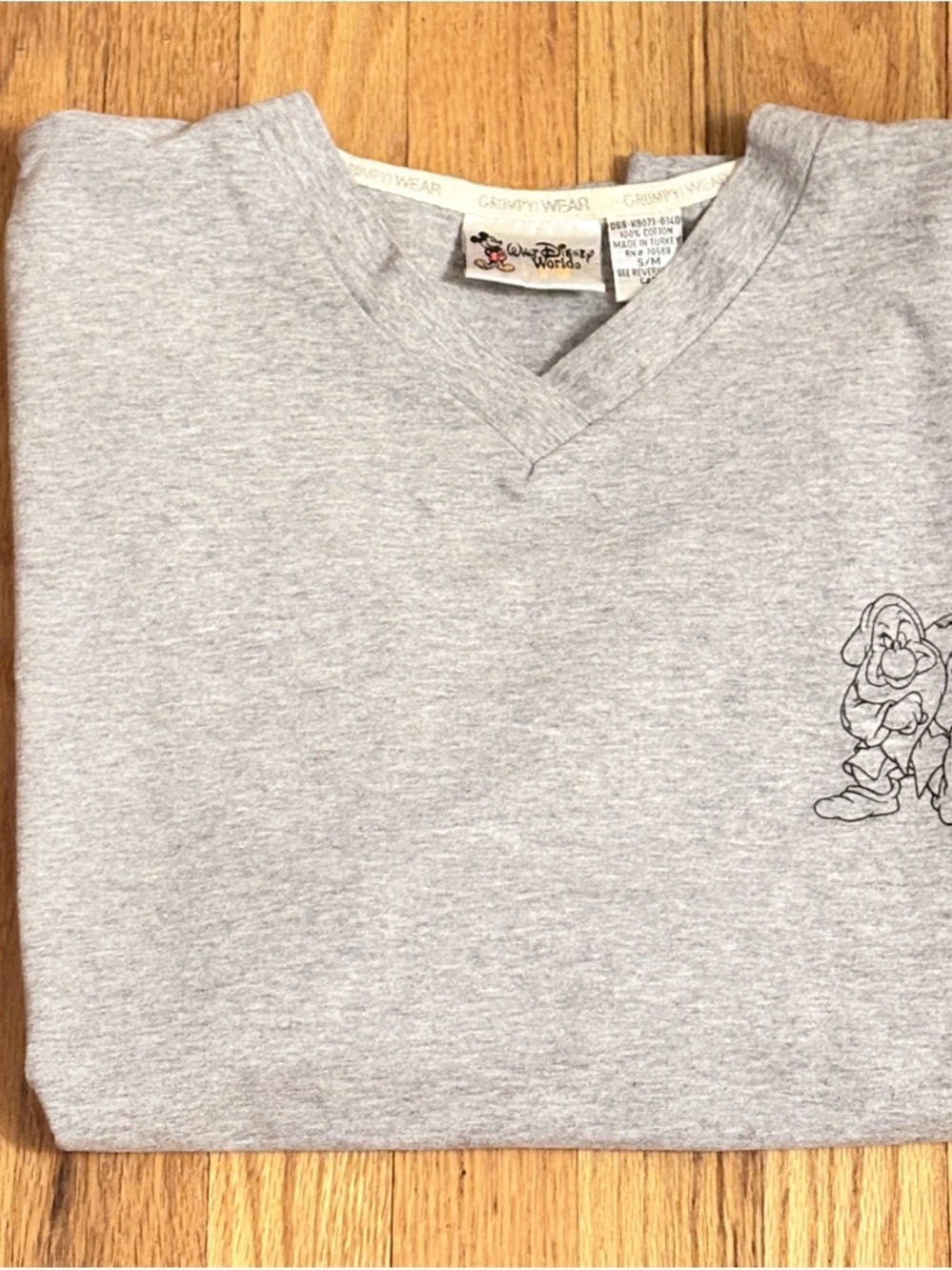 Vintage Walt Disney World Grumpy Wear V-Neck Short Sleeve Tee - Light Gray